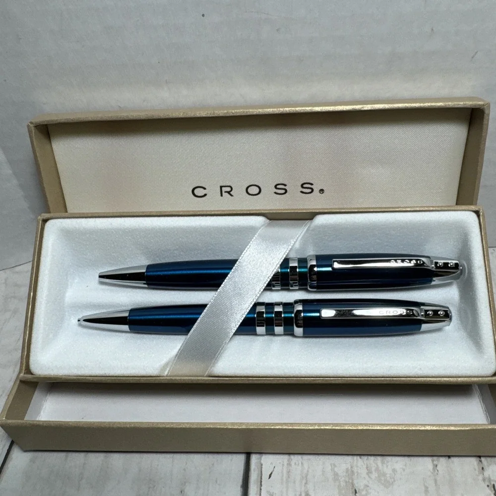 Cross Ball Point Pen &  Pencil Set Blue & Silver  With Gift Box